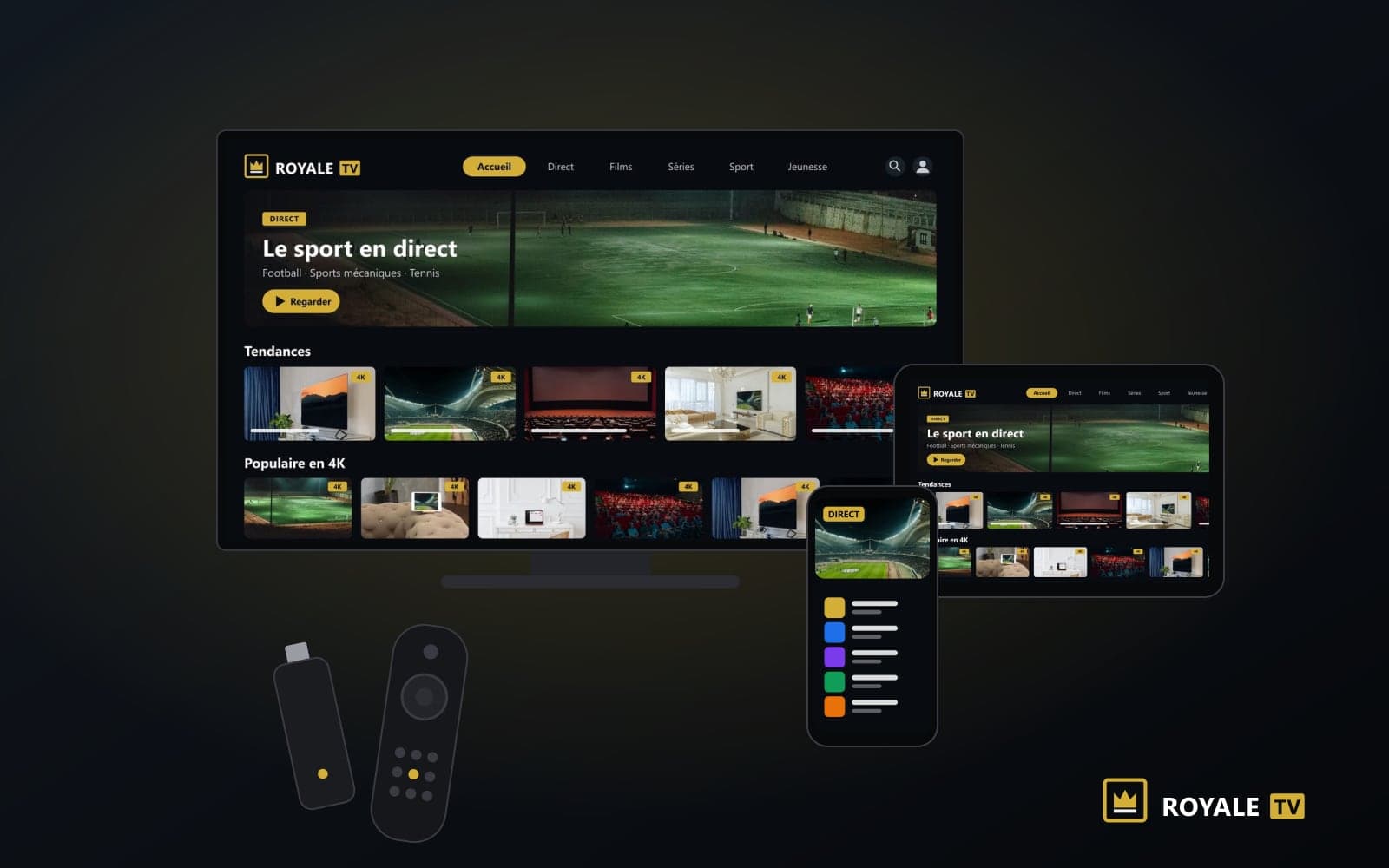 Illustration ROYALE TV : un téléviseur, une tablette, un smartphone, une clé de streaming et une télécommande