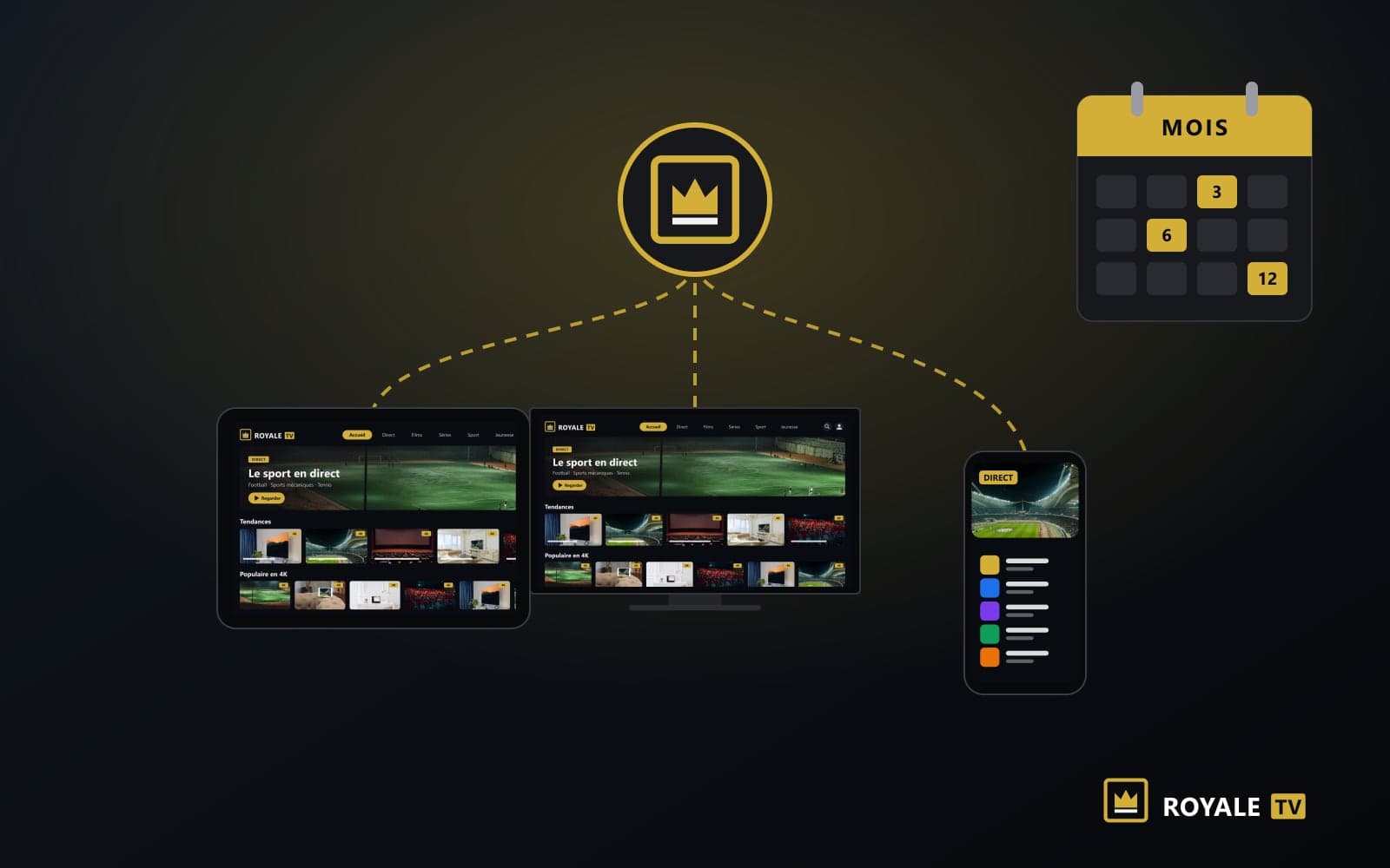 Illustration ROYALE TV : un abonnement relié à une tablette, un téléviseur et un smartphone, avec un calendrier 3, 6 et 12 mois