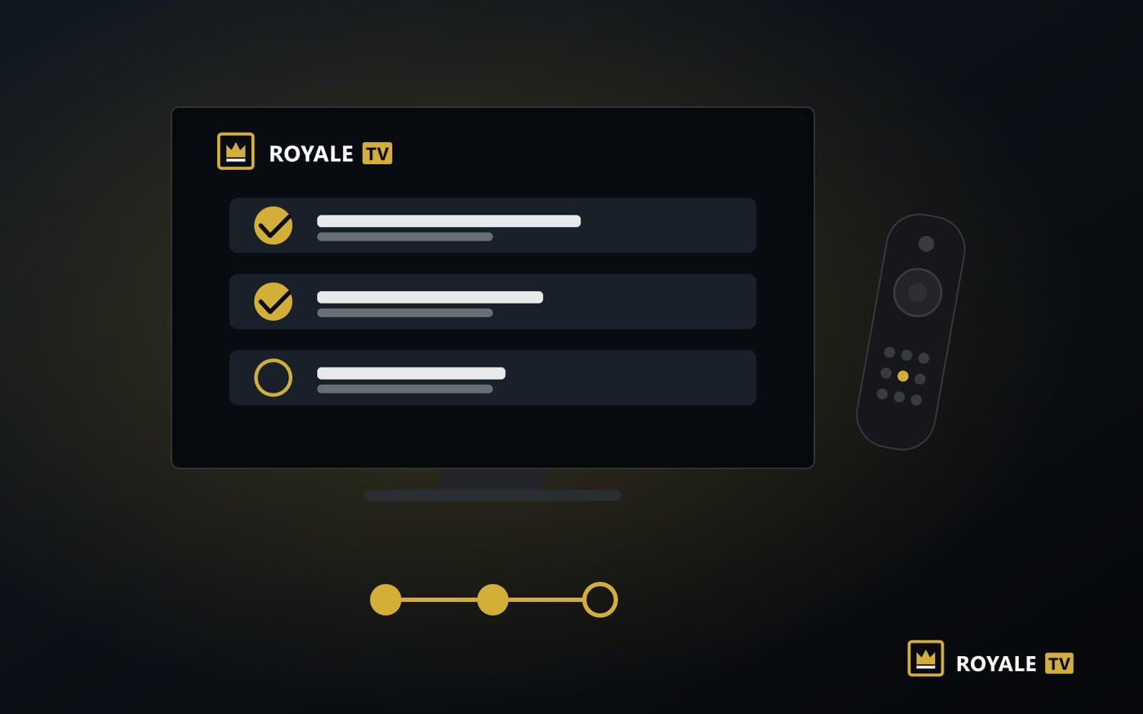 Illustration ROYALE TV : un téléviseur affichant une liste d’étapes d’installation cochées, et une télécommande